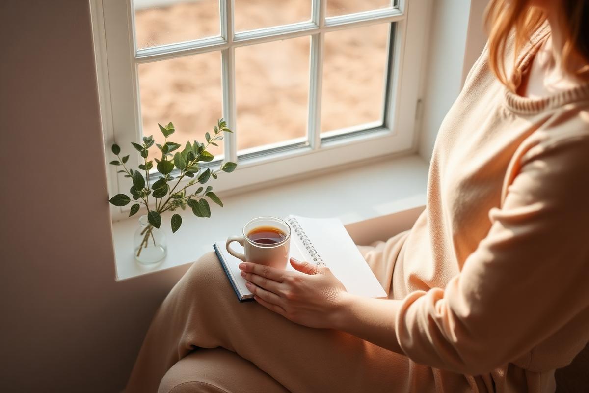 Donna seduta accanto alla finestra con tisana e quaderno in un momento di self-care