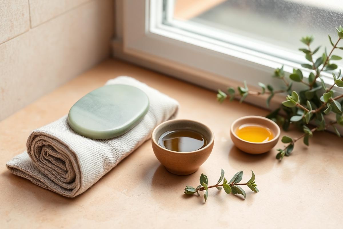 Asciugamano di lino, gua sha in giada e ciotoline di olio per il massaggio viso su un piano beige